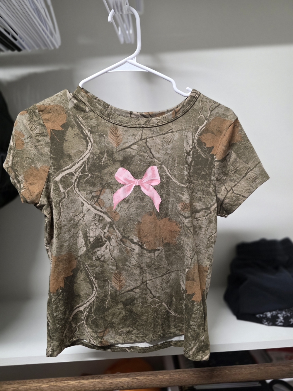 Women's Camo Print Tee with Pink Bow